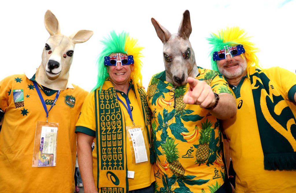 OITA, JAPAN - OCTOBER 19: Australia fans enjoy the pre match atmosphere prior to the Rugby World Cup 2019 Quarter Final match between England and Australia at Oita Stadium on October 19, 2019 in Oita, Japan. (Photo by Francois Nel - World Rugby/World Rugby via Getty Images)