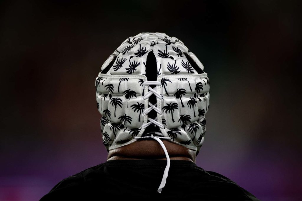 OITA, JAPAN - OCTOBER 09: Mesulame Dolokoto of Fiji wears a helmet during the warm up prior to the Rugby World Cup 2019 Group D game between Wales and Fiji at Oita Stadium on October 09, 2019 in Oita, Japan. (Photo by David Ramos - World Rugby/World Rugby via Getty Images)