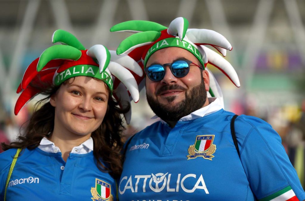 FUKUROI, JAPAN - OCTOBER 04: Italy fans pose for a photo outside the stadium prior to the Rugby World Cup 2019 Group B game between South Africa v Italy at Shizuoka Stadium Ecopa on October 04, 2019 in Fukuroi, Shizuoka, Japan. (Photo by Francois Nel - World Rugby/World Rugby via Getty Images)