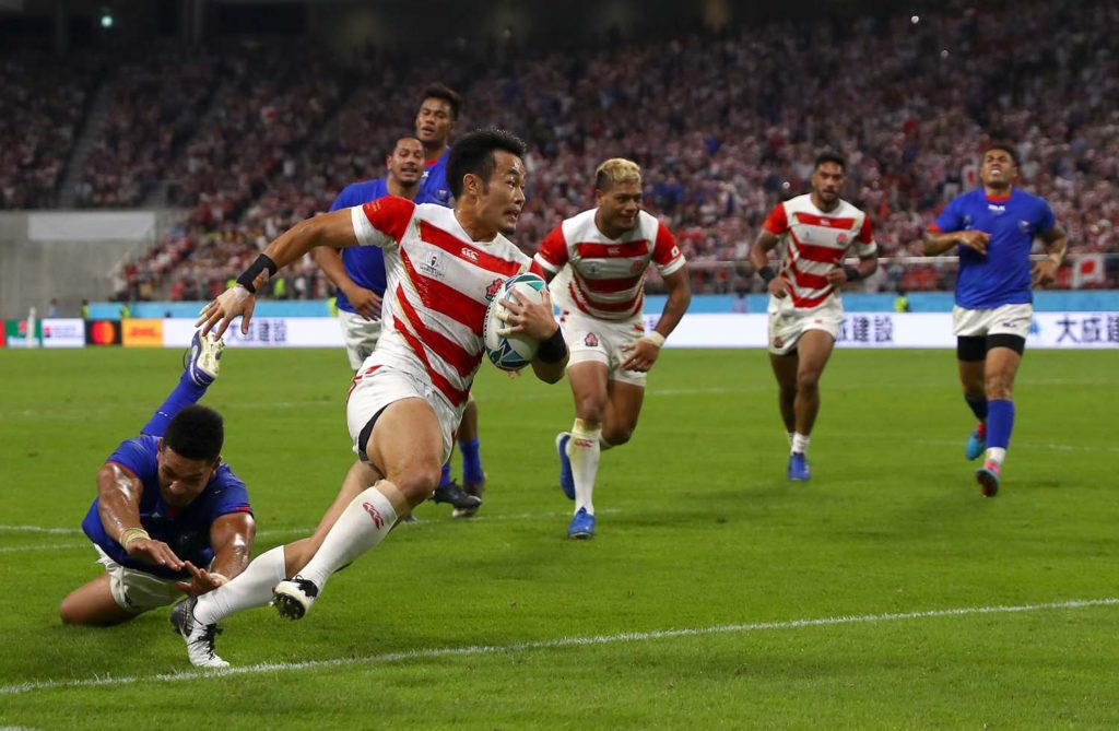 TOYOTA, JAPAN - OCTOBER 05: Kenki Fukuoka of Japan scores his teams third try during the Rugby World Cup 2019 Group A game between Japan and Samoa at City of Toyota Stadium on October 05, 2019 in Toyota, Aichi, Japan. (Photo by Francois Nel - World Rugby/World Rugby via Getty Images)